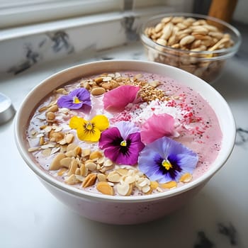 A vibrant breakfast smoothie bowl adorned with edible flowers and nuts, beautifully lit by soft morning light on a cozy kitchen counter.
