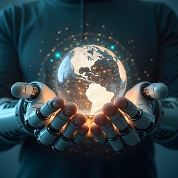 A futuristic concept featuring robotic hands gently holding a glowing globe, symbolizing artificial intelligence, technology, innovation, and the interconnected world.