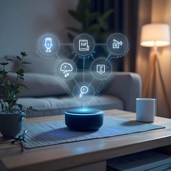 A futuristic smart home featuring advanced IoT devices seamlessly connected and controlled by a voice assistant for ultimate convenience.