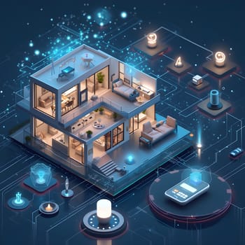 A futuristic smart home featuring advanced IoT devices seamlessly connected and controlled by a voice assistant for ultimate convenience.