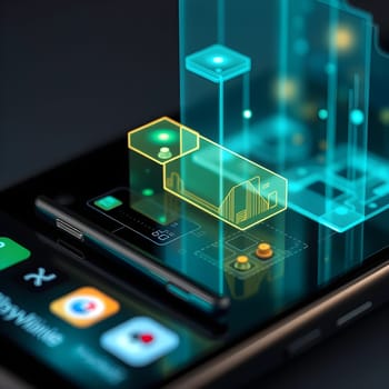 Close-up of a smartphone projecting vivid holographic displays, showcasing futuristic technology, advanced innovation, and interactive digital interfaces.