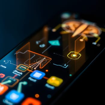 A close-up view of a smartphone displaying vibrant holographic projections, highlighting futuristic technology, innovation, and interactive digital advancements.