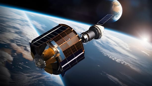 A spacecraft orbits Earth, representing advanced space exploration technology, with breathtaking views of the planet's surface from space.