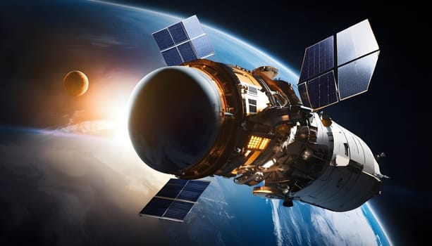 A spacecraft orbits Earth, representing advanced space exploration technology, with breathtaking views of the planet's surface from space.