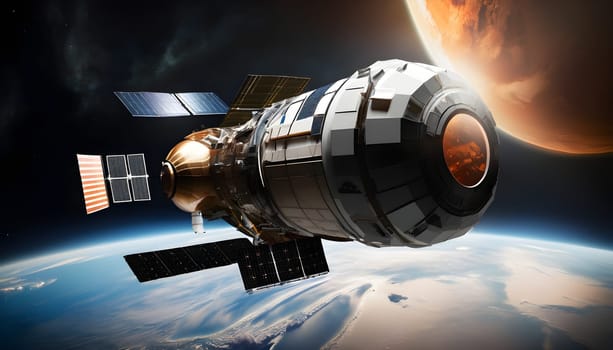 A spacecraft orbits Earth, representing advanced space exploration technology, with breathtaking views of the planet's surface from space.