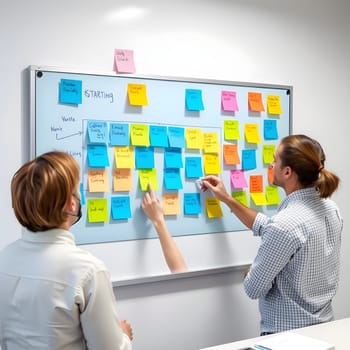 A dynamic startup team brainstorming with colorful sticky notes on a smart board, fostering innovation, teamwork, and modern collaboration.