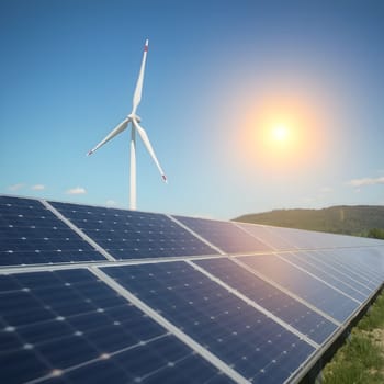 A sustainable energy concept featuring solar panels in the foreground and wind turbines in the background under a clear sky.