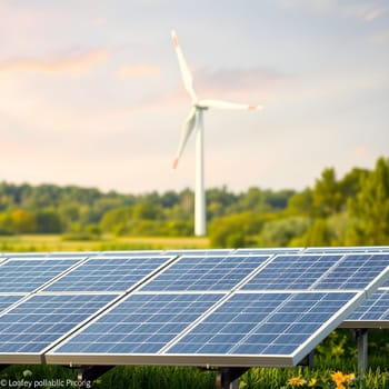 A sustainable energy concept featuring solar panels in the foreground and wind turbines in the background under a clear sky.