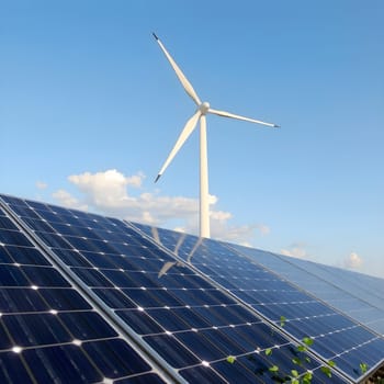 A sustainable energy concept featuring solar panels in the foreground and wind turbines in the background under a clear sky.