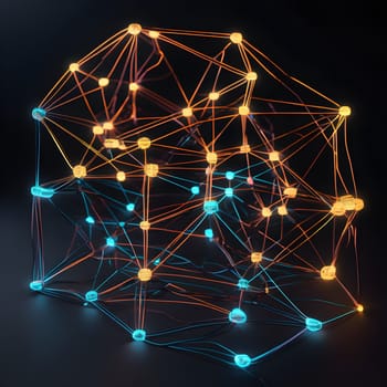 A network of glowing wireframe connections, showcasing interconnected nodes with vibrant neon lights and a digital, futuristic feel.