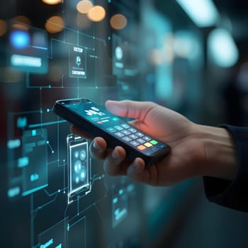 A close-up view of a hand interacting with a futuristic digital payment system, emphasizing modern technology and convenience.