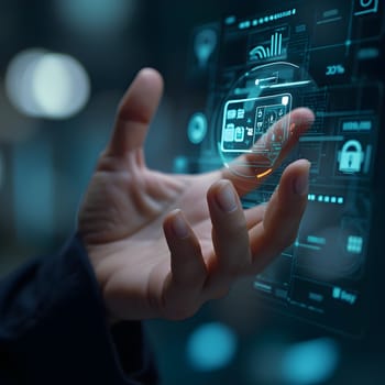A close-up view of a hand interacting with a futuristic digital payment system, emphasizing modern technology and convenience.