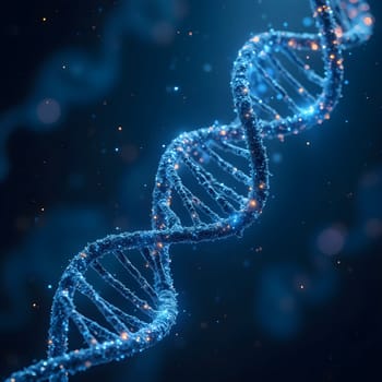 A glowing DNA strand in blue tones, set against a high-tech digital background, symbolizing futuristic scientific advancements and innovation.