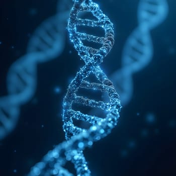 A glowing DNA strand in blue tones, set against a high-tech digital background, symbolizing futuristic scientific advancements and innovation.