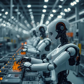 AI-powered robots efficiently assembling products on a modern assembly line, showcasing advanced manufacturing technology.