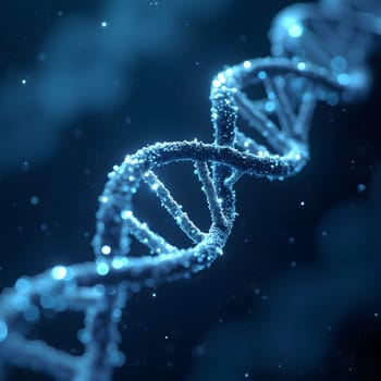 A glowing DNA strand in blue tones, set against a high-tech digital background, symbolizing futuristic scientific advancements and innovation.