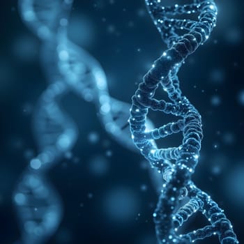 A glowing DNA strand in blue tones, set against a high-tech digital background, symbolizing futuristic scientific advancements and innovation.