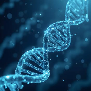 A glowing DNA strand in blue tones, set against a high-tech digital background, symbolizing futuristic scientific advancements and innovation.