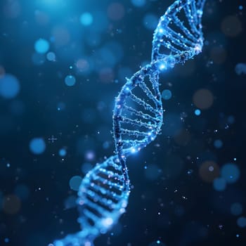 A glowing DNA strand in blue tones, set against a high-tech digital background, symbolizing futuristic scientific advancements and innovation.