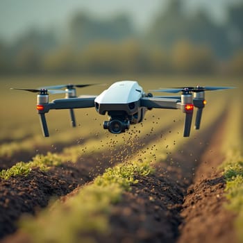 Smart farming drones efficiently planting seeds in a large, open field, showcasing modern agricultural technology.