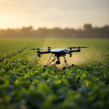 Smart farming drones efficiently planting seeds in a large, open field, showcasing modern agricultural technology.