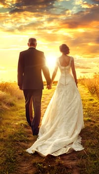 A bride and groom walk hand in hand in a field at sunset, with the colorful sky and fluffy clouds creating a picturesque backdrop for their bridal clothing