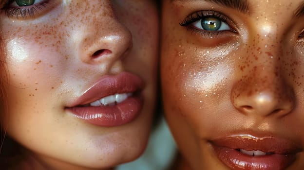 A detailed closeup shot showcasing the freckled skin on two womens faces. Their noses, lips, and chin, along with their eyelashes, facial expressions, and smiles, are highlighted in the image