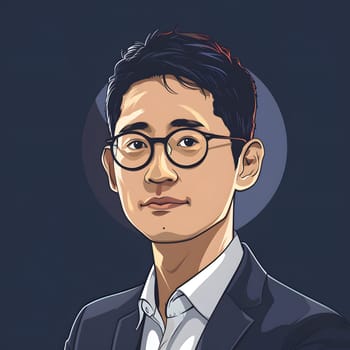 A businessman in a suit and glasses stands out against a dark background