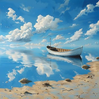 A boat gracefully navigates through the vast ocean under a cloudy sky, surrounded by shimmering water and tranquil waves