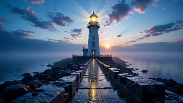 A lighthouse is lit up in the distance, with the sun setting in the background. The scene is serene and peaceful, with the lighthouse standing tall and proud against the backdrop of the ocean