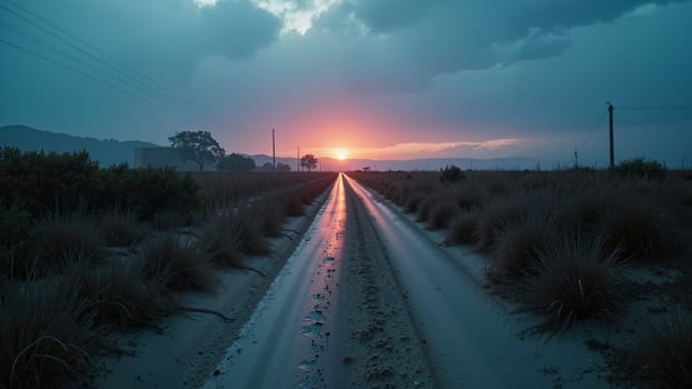 A road with a sunset in the background. The sky is cloudy and the sun is setting. The road is wet and there are birds flying in the sky