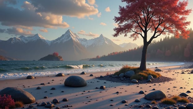 A beautiful beach scene with a tree in the foreground and mountains in the background