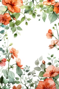 A beautiful watercolor painting featuring red flowers and green leaves on a white background, creating a stunning botanical artwork with a harmonious pattern