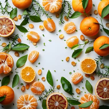 A variety of citrus fruits such as Valencia oranges, Rangpur, and Clementines, along with leaves, are beautifully arranged in a circle on a white surface