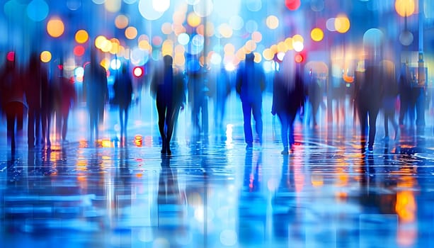 A city event with a blurry picture of a crowd of people walking down a street at night. Automotive lighting creates symmetry with tints of electric blue, giving a fun and vibrant atmosphere