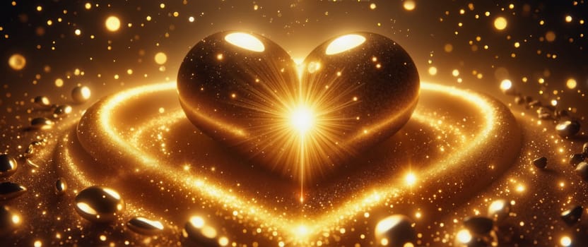 A heart made of gold is surrounded by glittering stones. The heart is lit up, giving the impression of a warm and loving glow. The glittering stones add a sense of magic and wonder to the scene