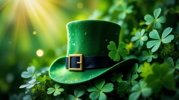 A green hat with a black belt and a gold buckle sits on a green bush. The hat is a shamrock and the bush is full of green leaves