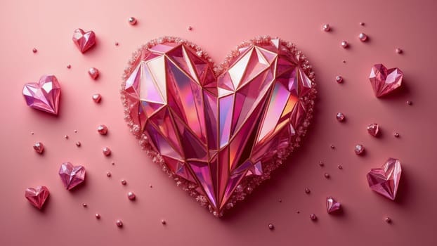 A heart made of glass and diamonds is surrounded by many other hearts. The heart is the main focus of the image, and the other hearts are scattered around it, creating a sense of abundance and love