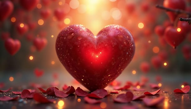A red heart is surrounded by red petals on a table. The heart is the main focus of the image, and the petals are scattered around it, creating a romantic and intimate atmosphere