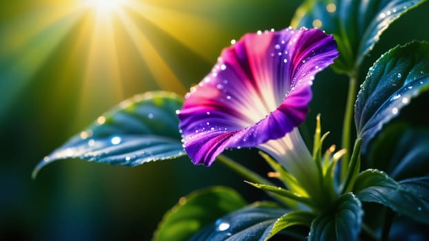 A purple flower with a droplet of water on it. The flower is purple and has a white center