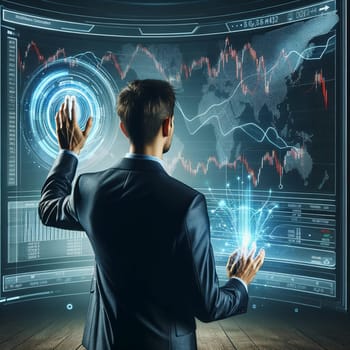 A businessman in a suit stands with his back facing the viewer, attentively examining a virtual monitor displaying graphs of stock quotes.
