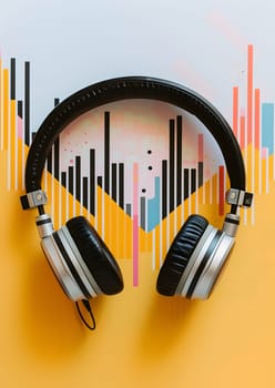 Modern headphones with colorful soundwave background isolated on yellow background.