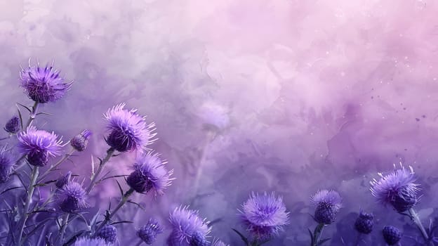 A variety of purple flowers, including violets and magenta shrubs, adorn the purple background. The herbaceous plants and annuals create a vibrant display of color