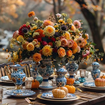A table set with plates, a vase of flowers, and drinkware. The colorful orange flowers pop against the white plates and serveware