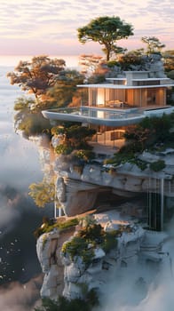 A building perched on a rocky cliff above the water, surrounded by trees and natural landscape, making it a stunning urban design painting