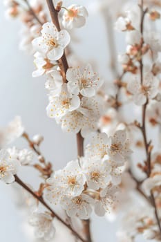 A closeup image featuring a tree branch with white flowers and petals against a white background. The terrestrial plant stands out with its delicate blossoms