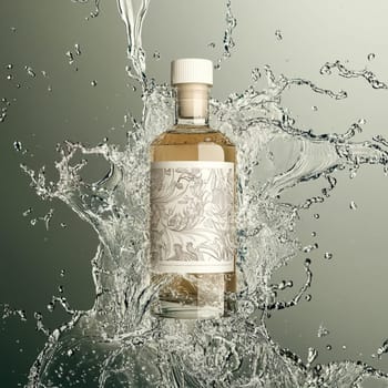 Transparent bottle filled with liquid is standing in the middle of a big splash of water, creating interesting shapes and reflections