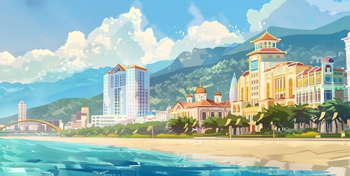 Scenic coastal city with modern architecture by beach and mountain backdrop.