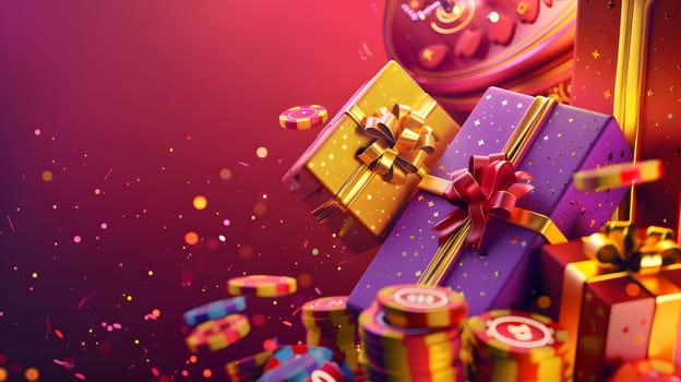 Vibrant casino atmosphere with cheerful chips and gifts, creating joy and excitement