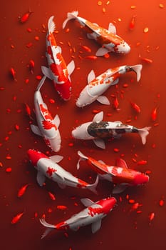 A cluster of koi fish gracefully swims in a pond against a vivid carmine background, creating a captivating fluid event of electric blue hues